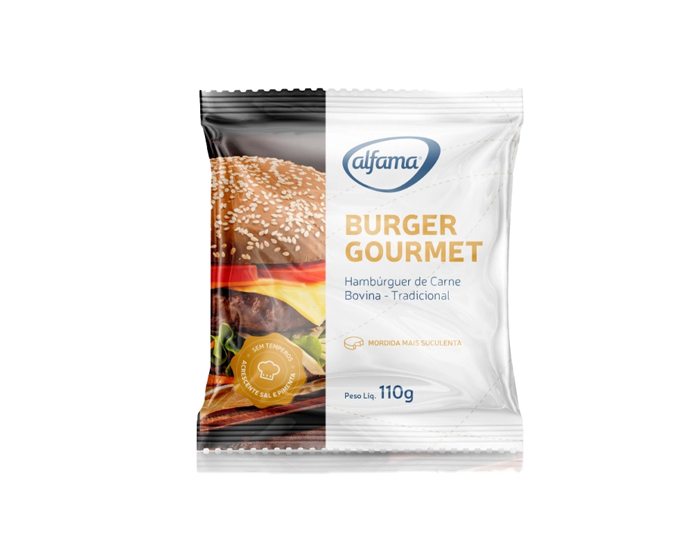 HAMBÚRGUER PEQUENO DE CARNE BOVINA GOURMET ALFAMA 110 G (CX 36 UN)
